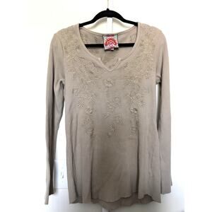 Johnny Was Embroidered Thermal Tee Size S Tan Floral and Bird Embroidery Boho